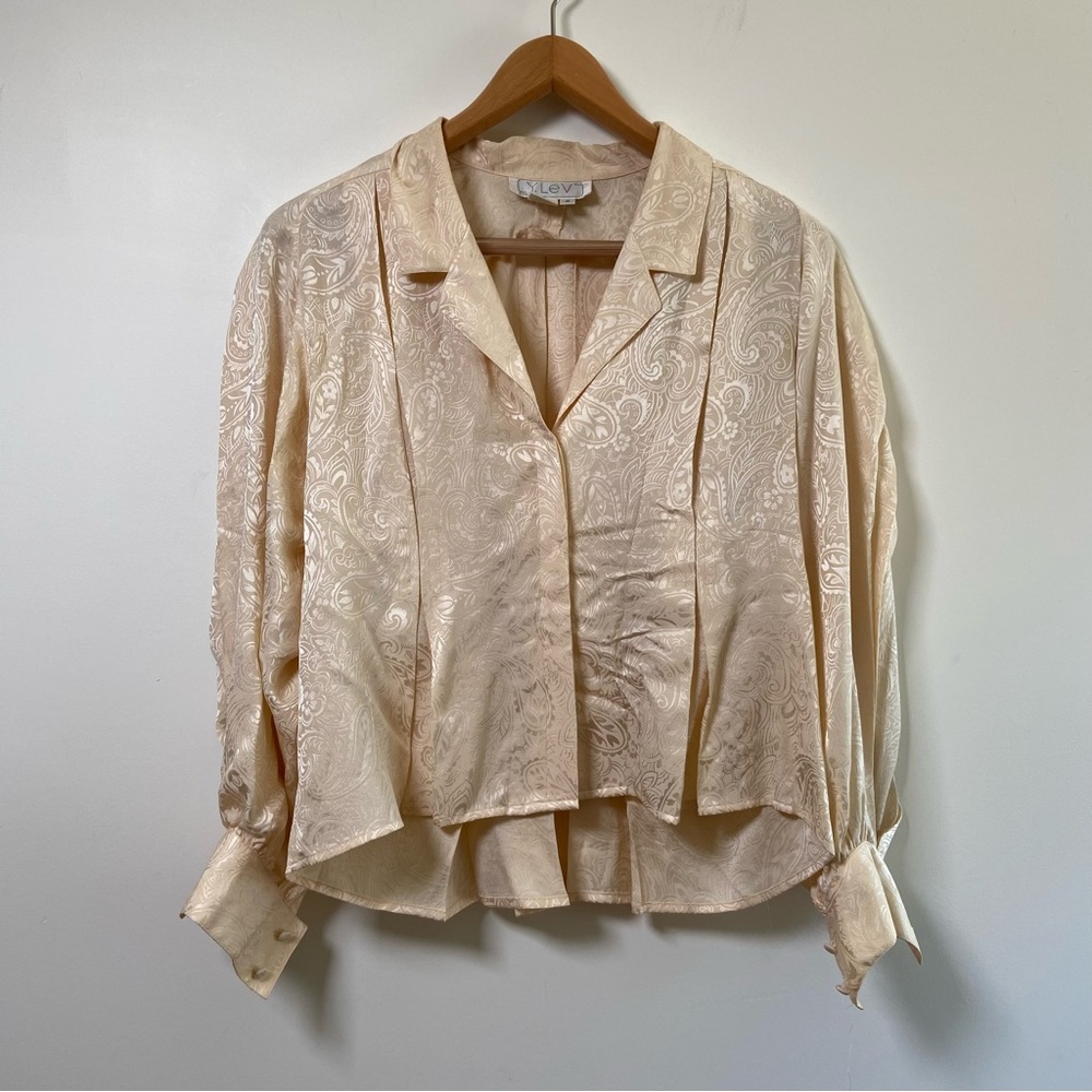 Vintage Cream Paisley Satin Button-Front Blouse